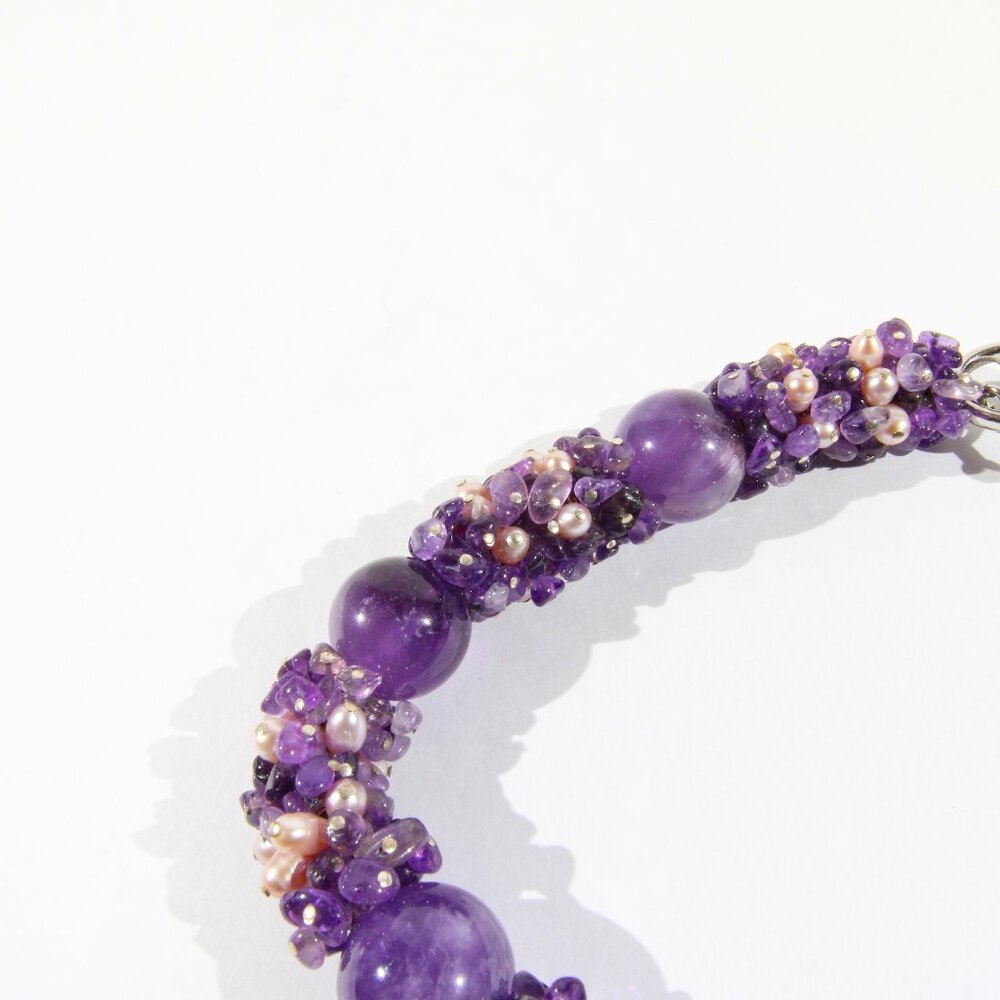 Sterling Silver .925 Amethyst and Pearl Stone Necklace - Picture 6 of 11